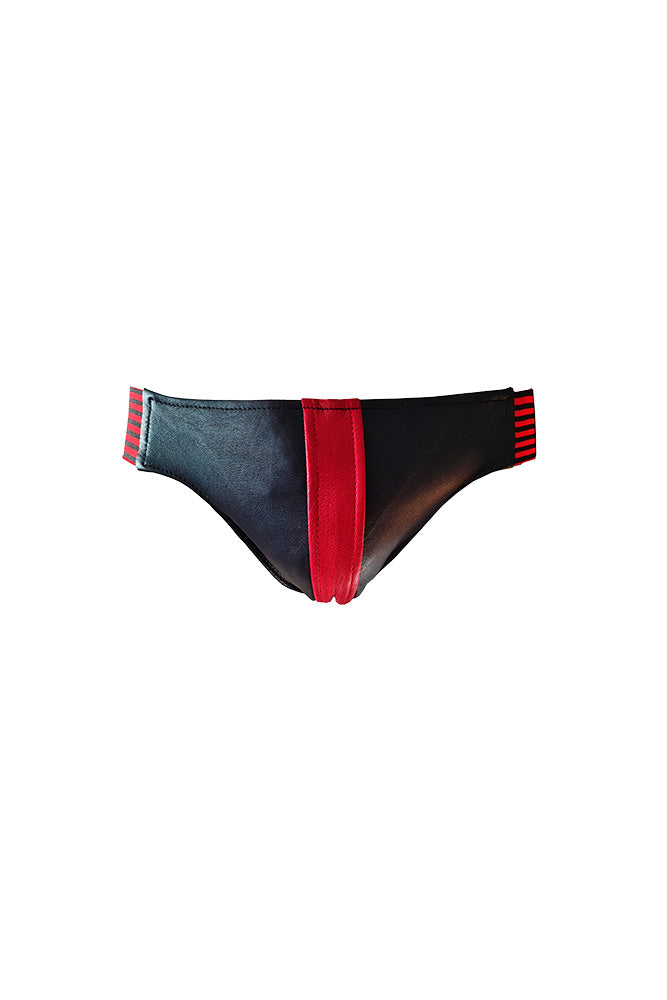 Rouge Garments - Leather Jock with Striped Bands - Red/Black - Assorted Sizes - Stag Shop