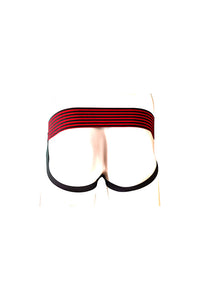 Thumbnail for Rouge Garments - Leather Jock with Striped Bands - Red/Black - Assorted Sizes - Stag Shop