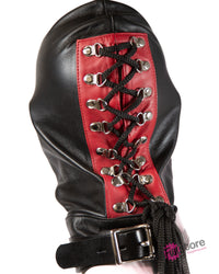 Rouge Garments - Leather Pad-lockable Mask with D-Ring & Lace up Back - Black/Red - Stag Shop