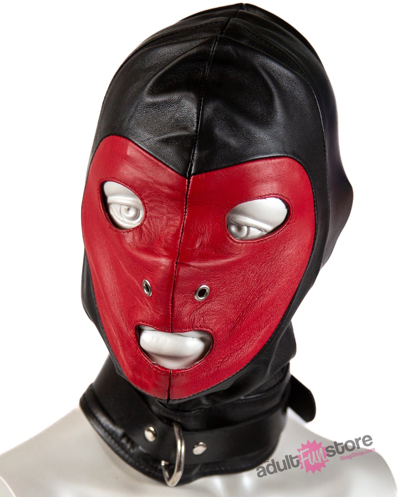 Rouge Garments - Leather Pad-lockable Mask with D-Ring & Lace up Back - Black/Red - Stag Shop