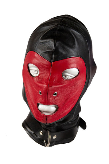 Rouge Garments - Leather Pad-lockable Mask with D-Ring & Lace-up Back - Black/Red - Stag Shop