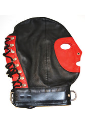 Rouge Garments - Leather Pad-lockable Mask with D-Ring & Lace up Back - Black/Red - Stag Shop
