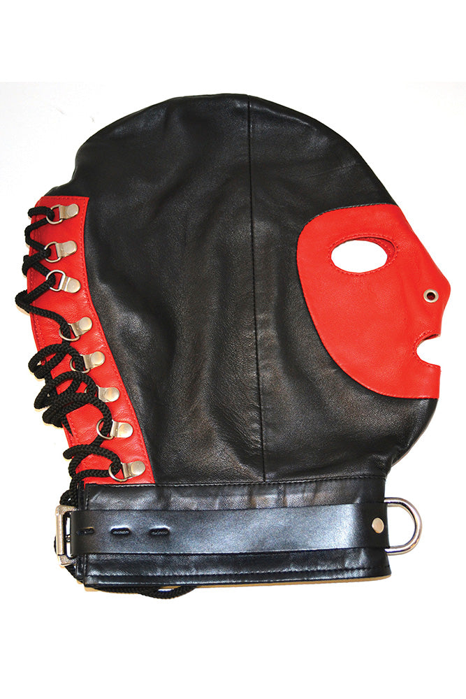 Rouge Garments - Leather Pad-lockable Mask with D-Ring & Lace up Back - Black/Red - Stag Shop