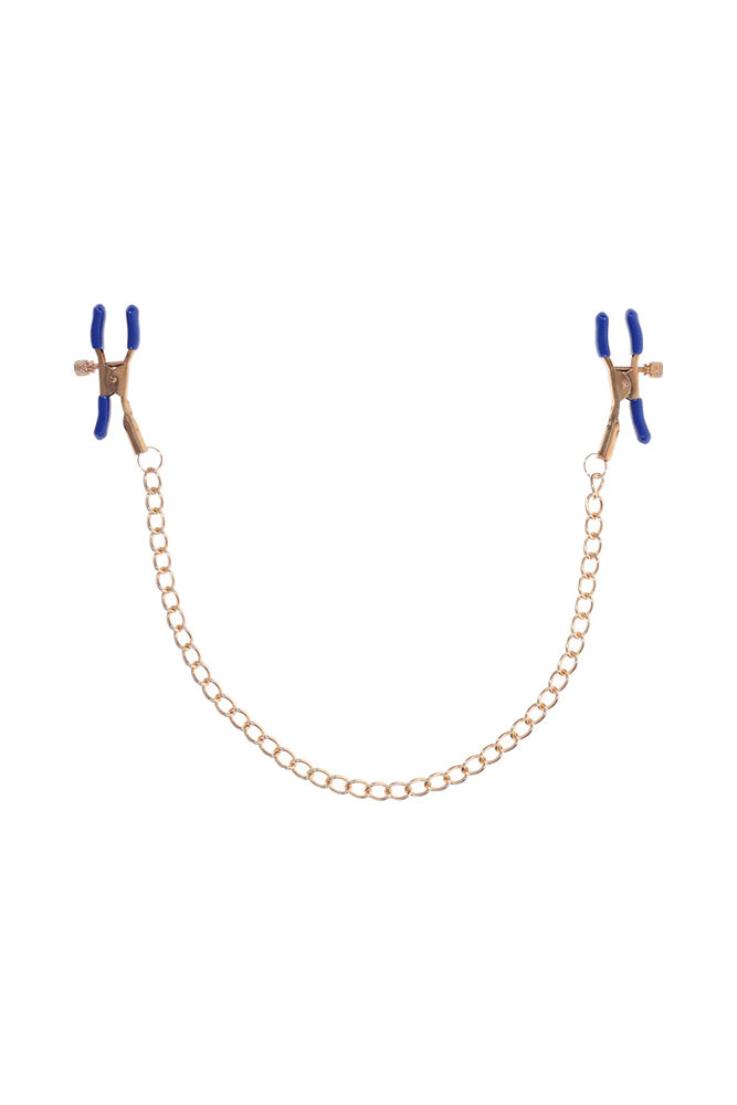 Sex & Mischief - Cougar - Chained Nipple Clamps - Blue/Gold