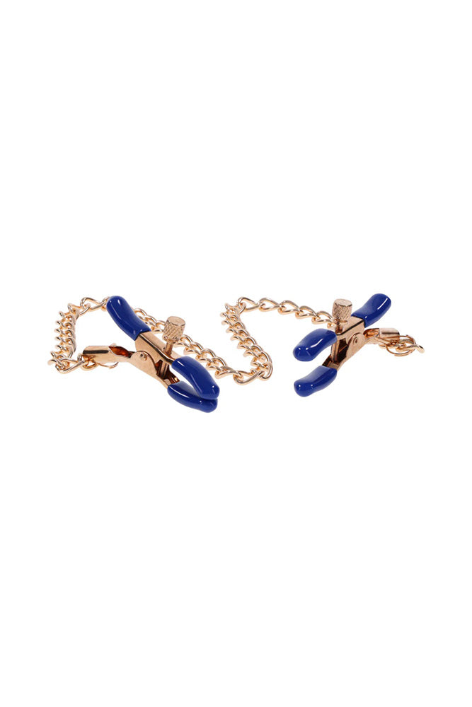 Sex & Mischief - Cougar - Chained Nipple Clamps - Blue/Gold