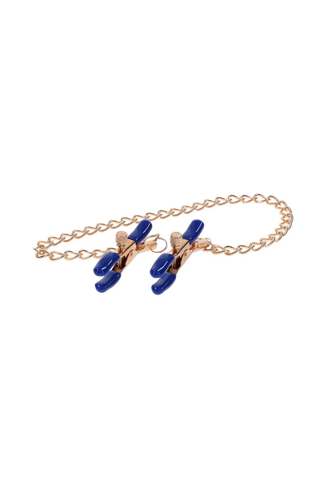 Sex & Mischief - Cougar - Chained Nipple Clamps - Blue/Gold