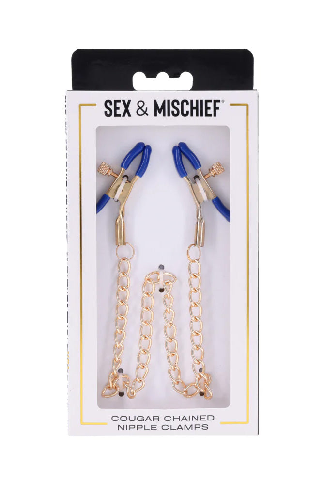 Sex & Mischief - Cougar - Chained Nipple Clamps - Blue/Gold