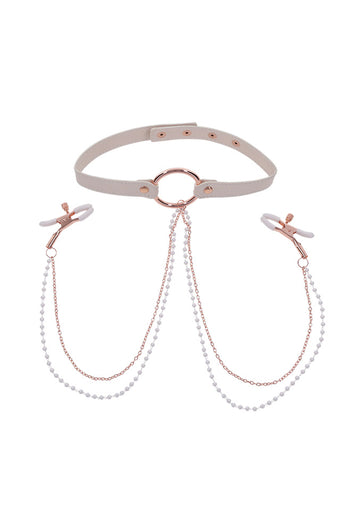 Sex & Mischief - Peaches 'N CreaMe - Collar With Nipple Clamps - Peach/Rose Gold - Stag Shop