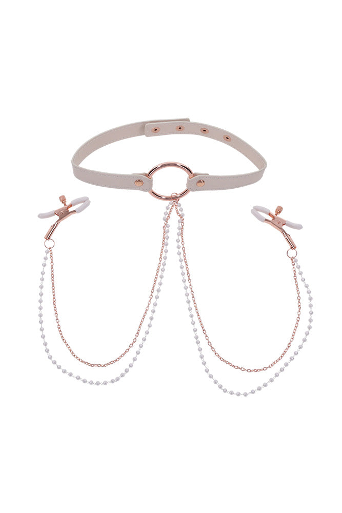 Sex & Mischief - Peaches 'N CreaMe - Collar With Nipple Clamps - Peach/Rose Gold - Stag Shop