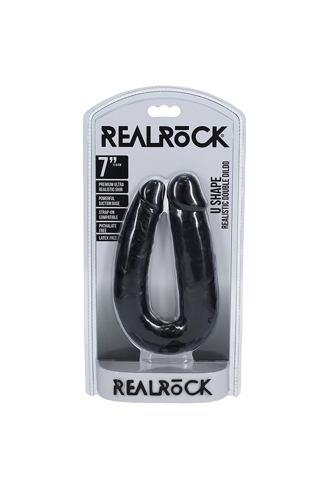 Shots Toys - Real Rock - U Shaped Double Penetration Dildo - Black - Various Sizes - Stag Shop