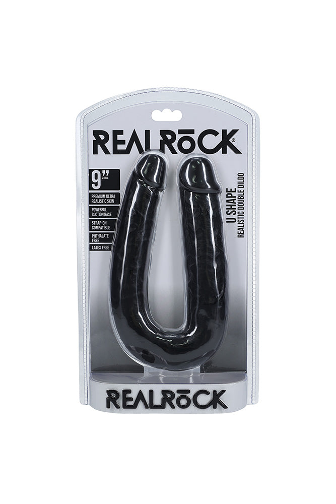 Shots Toys - Real Rock - U Shaped Double Penetration Dildo - Black - Various Sizes - Stag Shop