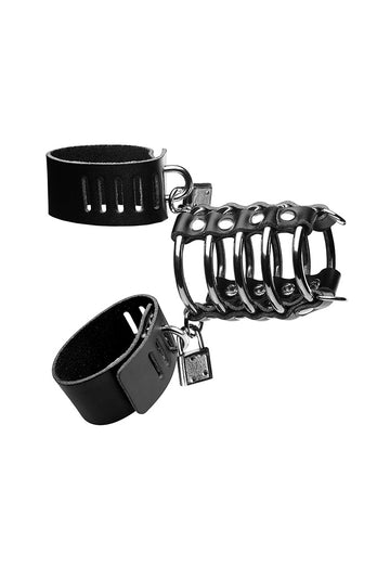 XR Brands - Strict - 5 Ring Chastity Device With Cock & Ball Strap - Black - Stag Shop