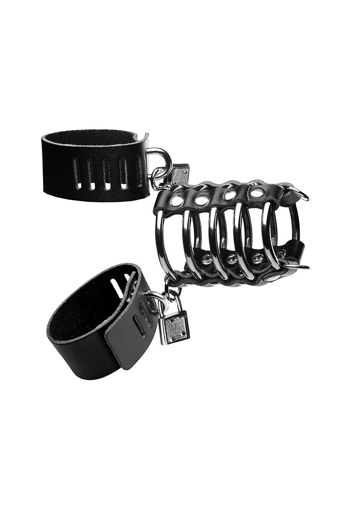 XR Brands - Strict - 5 Ring Chastity Device With Cock & Ball Strap - Black - Stag Shop