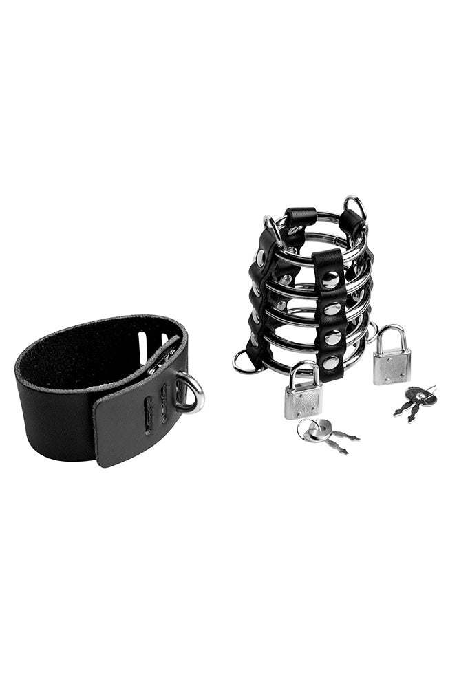 XR Brands - Strict - 5 Ring Chastity Device With Cock & Ball Strap - Black - Stag Shop