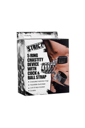XR Brands - Strict - 5 Ring Chastity Device With Cock & Ball Strap - Black - Stag Shop