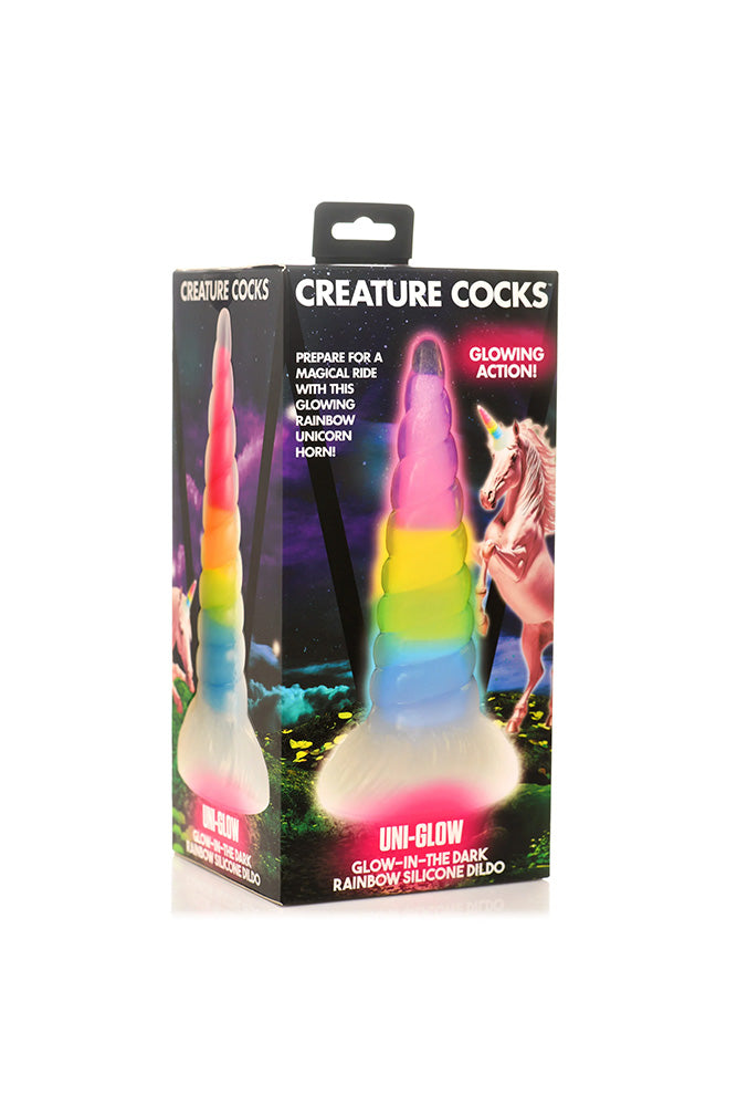 XR Brands - Creature Cocks - Uni-Glow Glow-In-The-Dark Rainbow Silicone Dildo - Multicolour - Stag Shop
