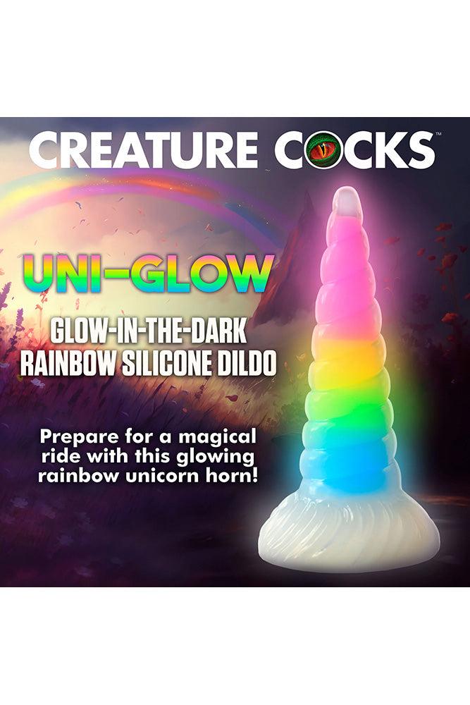 XR Brands - Creature Cocks - Uni-Glow Glow-In-The-Dark Rainbow Silicone Dildo - Multicolour - Stag Shop