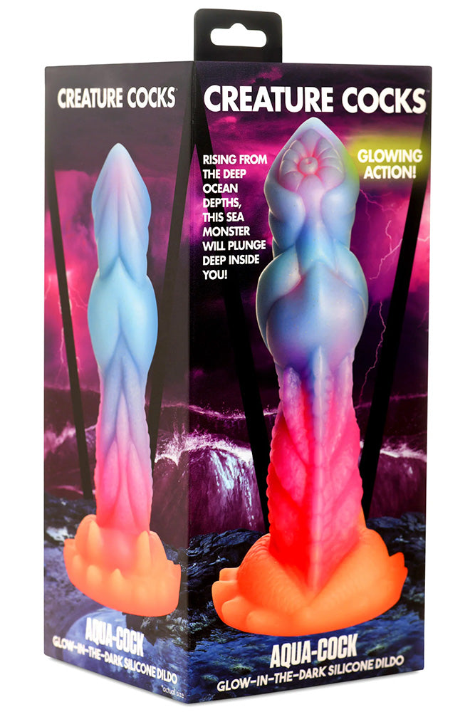 XR Brands - Creature Cocks - Aqua Cock Glow-in-the-Dark Silicone Dildo - Multicolour - Stag Shop