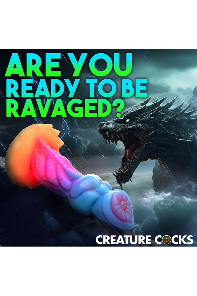 XR Brands - Creature Cocks - Aqua Cock Glow-in-the-Dark Silicone Dildo - Multicolour - Stag Shop