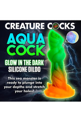 XR Brands - Creature Cocks - Aqua Cock Glow-in-the-Dark Silicone Dildo - Multicolour - Stag Shop