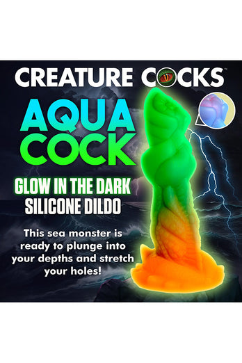 XR Brands - Creature Cocks - Aqua Cock Glow-in-the-Dark Silicone Dildo - Multicolour - Stag Shop