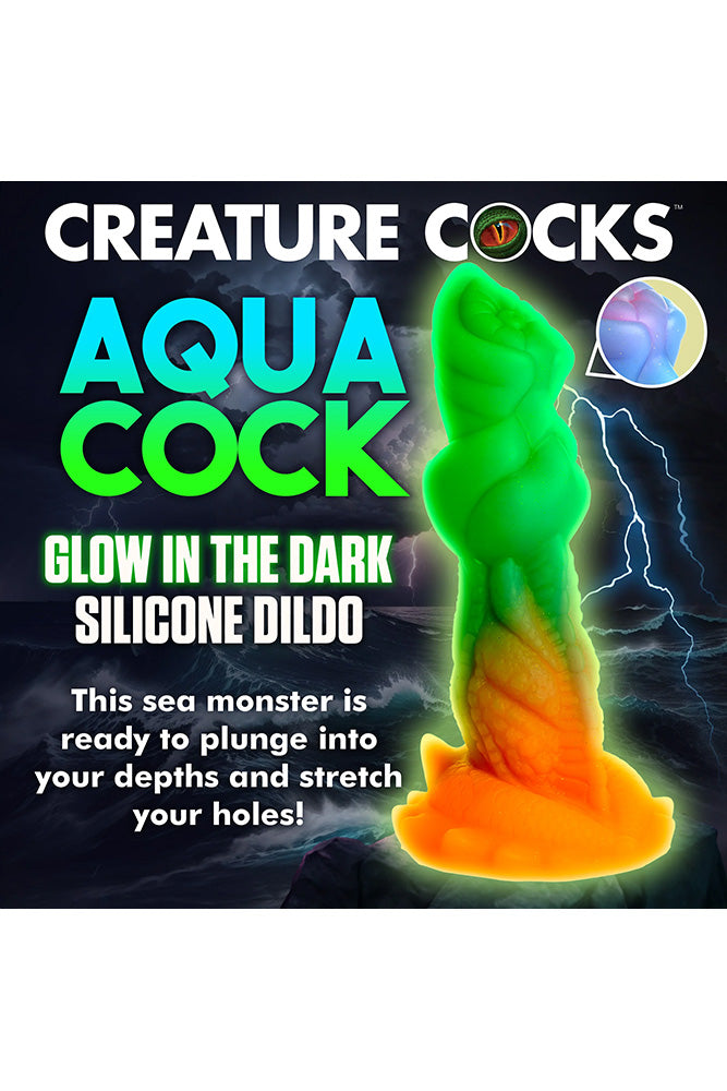 XR Brands - Creature Cocks - Aqua Cock Glow-in-the-Dark Silicone Dildo - Multicolour - Stag Shop