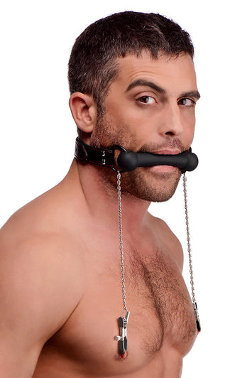 XR Brands - Strict - Silicone Bit Gag with Nipple Clamps - Black - Stag Shop