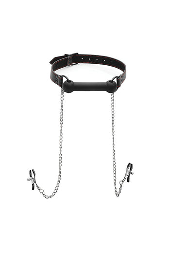 XR Brands - Strict - Silicone Bit Gag with Nipple Clamps - Black - Stag Shop