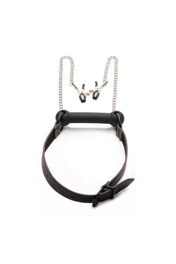 XR Brands - Strict - Silicone Bit Gag with Nipple Clamps - Black - Stag Shop