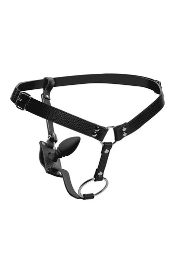 XR Brands - Strict - Cock Ring Harness with Silicone Anal Plug - Black - Stag Shop
