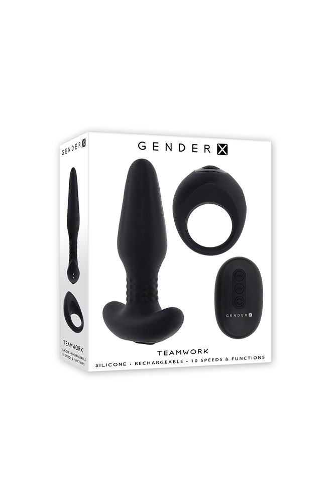 Gender X - Teamwork Remote Controlled Butt Plug & Penis Ring Set - Black - Stag Shop