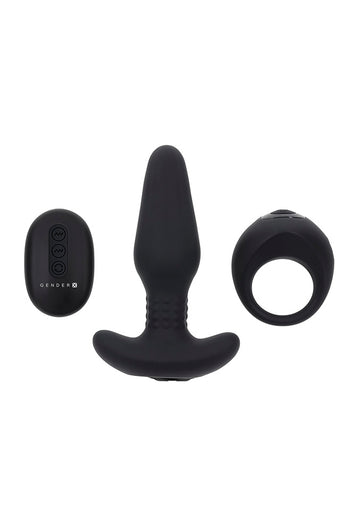 Gender X - Teamwork Remote Controlled Butt Plug & Penis Ring Set - Black - Stag Shop