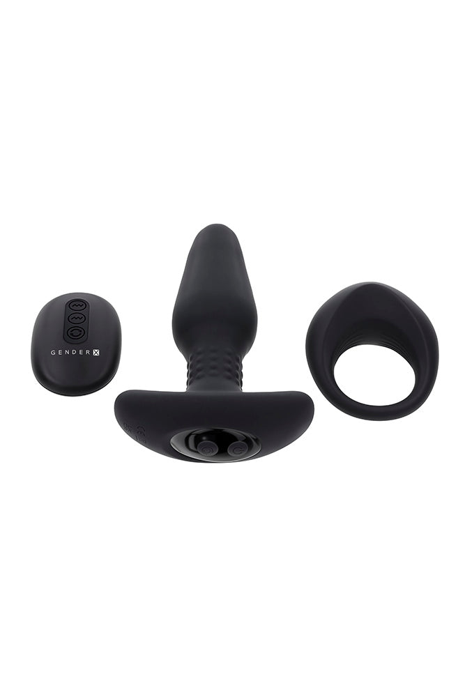 Gender X - Teamwork Remote Controlled Butt Plug & Penis Ring Set - Black - Stag Shop
