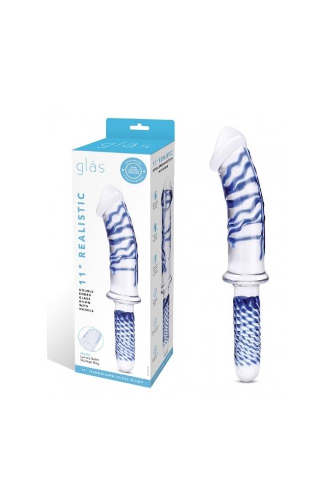 Gläs - 11" Realistic Double Ended Glass Dildo With Handle - Clear/Blue - Stag Shop