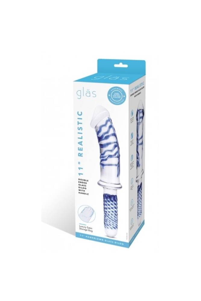 Gläs - 11" Realistic Double Ended Glass Dildo With Handle - Clear/Blue - Stag Shop