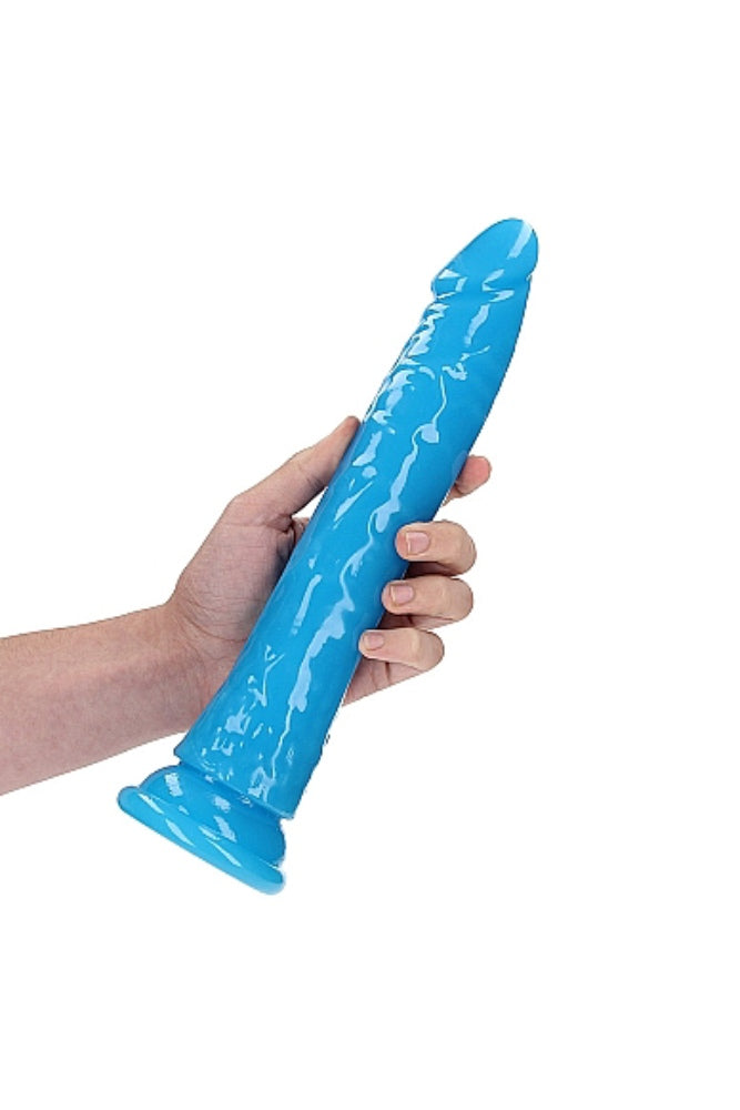Shots Toys - Real Rock - 11" Glow in the Dark Slim Dildo - Blue - Stag Shop