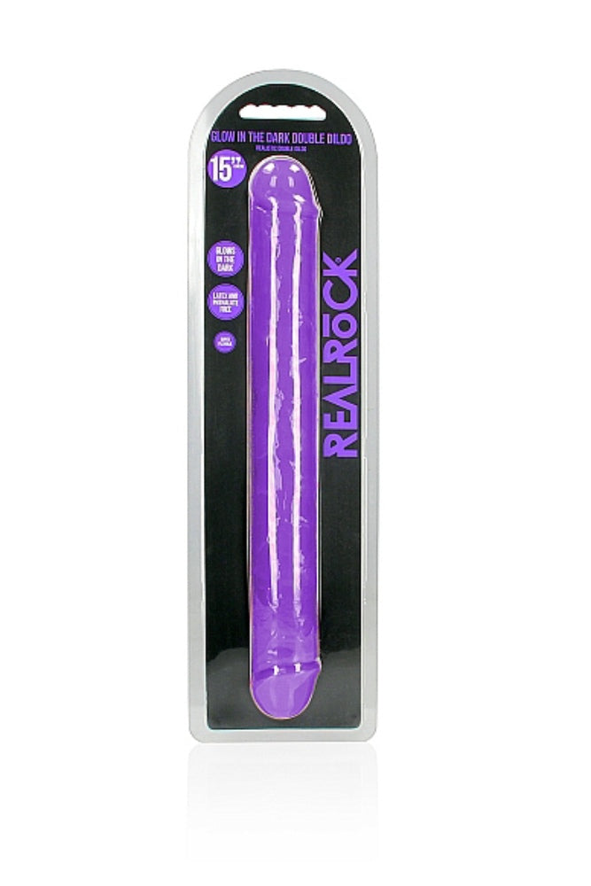 Shots Toys - Real Rock - 15" Glow in the Dark Double Dong - Purple - Stag Shop