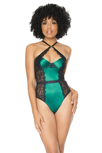 Coquette - 20301 - Lace & Satin Teddy - Green/Black - Stag Shop