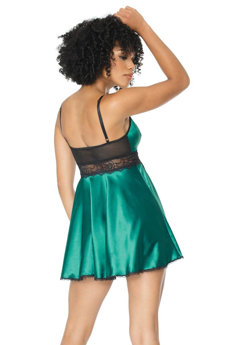 Coquette - 20302 - Lace & Satin Babydoll & Thong Set - Green/Black - Stag Shop