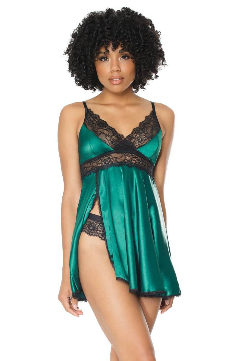 Coquette - 20302 - Lace & Satin Babydoll & Thong Set - Green/Black - Stag Shop