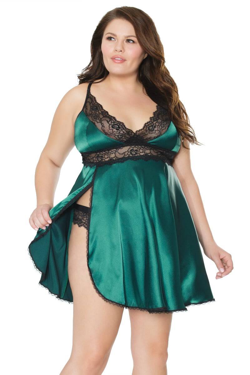 Coquette - 20302X - Plus Size Lace & Satin Babydoll & Thong Set - Green/Black - Stag Shop