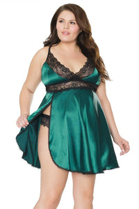 Thumbnail for Coquette - 20302X - Plus Size Lace & Satin Babydoll & Thong Set - Green/Black - Stag Shop