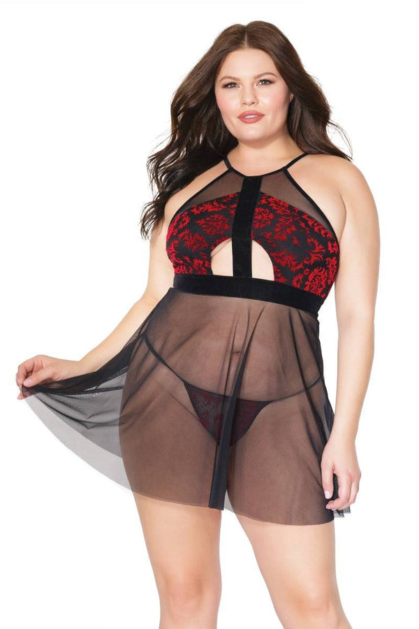Coquette - 20308 Plus - Halter Babydoll & G-string Set - Red/Black - OSXL - Stag Shop