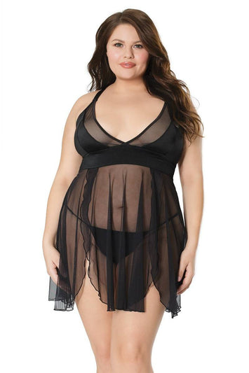 Coquette - 20312X - Plus Size Babydoll & G-String Set - Black - OS/XL - Stag Shop