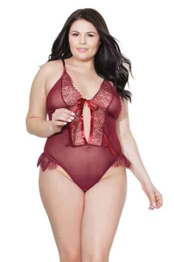 Coquette - 20407 Plus - Crotchless Teddy - Merlot - OSXL - Stag Shop