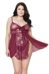 Coquette - 20408 Plus - Babydoll & G-String Set - Merlot - OSXL - Stag Shop