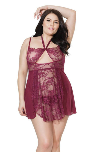 Coquette - 20408 Plus - Babydoll & G-String Set - Merlot - OSXL - Stag Shop