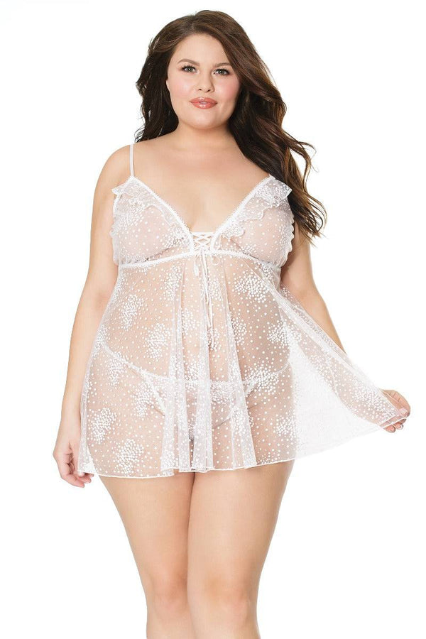 Coquette - 21101X - Plus Size Babydoll & G-String Set - White - OS/XL - Stag Shop