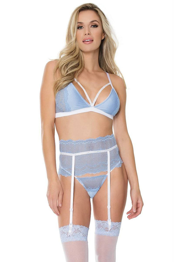 Coquette - 21110 - Bra Garter Belt and G-string Set - Blue/White - Stag Shop