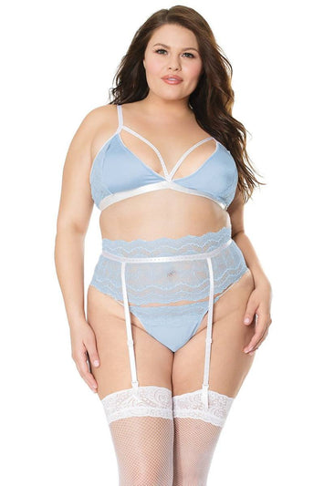 Coquette - 21110X - Plus Size Bra Garter Belt and G-string Set - Blue/White - XXL - Stag Shop